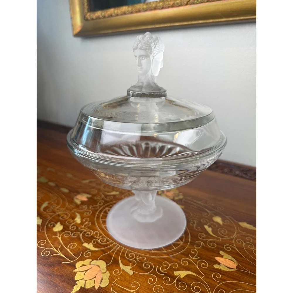 Antique EAPG Three Face Covered Compote • Duncan No. 400 Frosted Glass